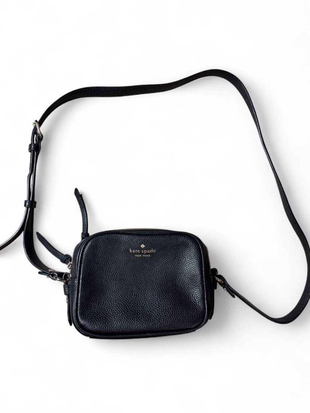 Kate Spade New York Black Pebbled Leather Camera Bag Crossbody Purse Double Zip